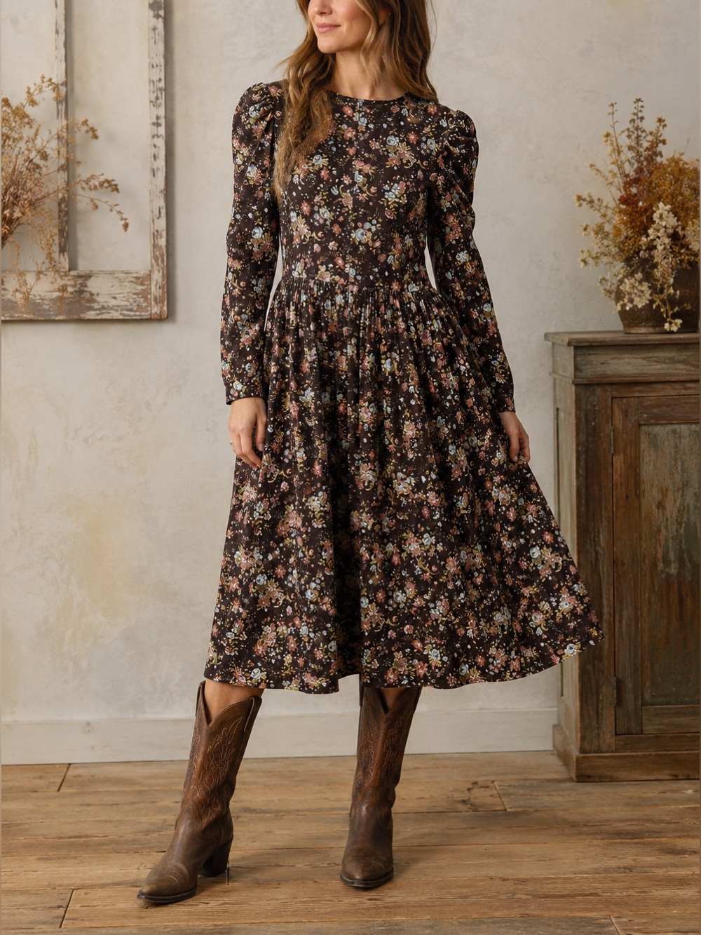 New Vintage 80s Laura Ashley Midi Dress Sz 8 Floral Puff Shoulder Corduroy Brown